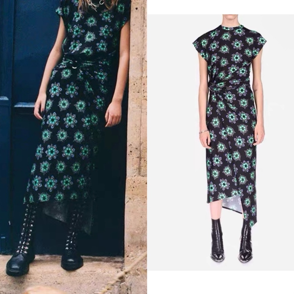 Paco Rabanne Asymmetrical Floral Jersey Midi Dress